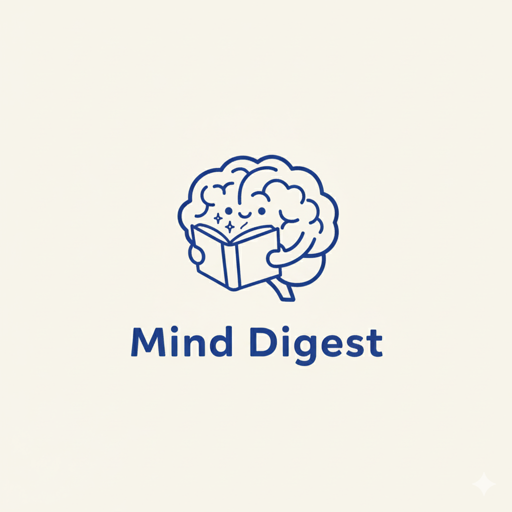 Cartoon brain with eyes closed reads a book, emitting sparkles, conveying relaxation and learning. Text below reads "Mind Digest" in blue.