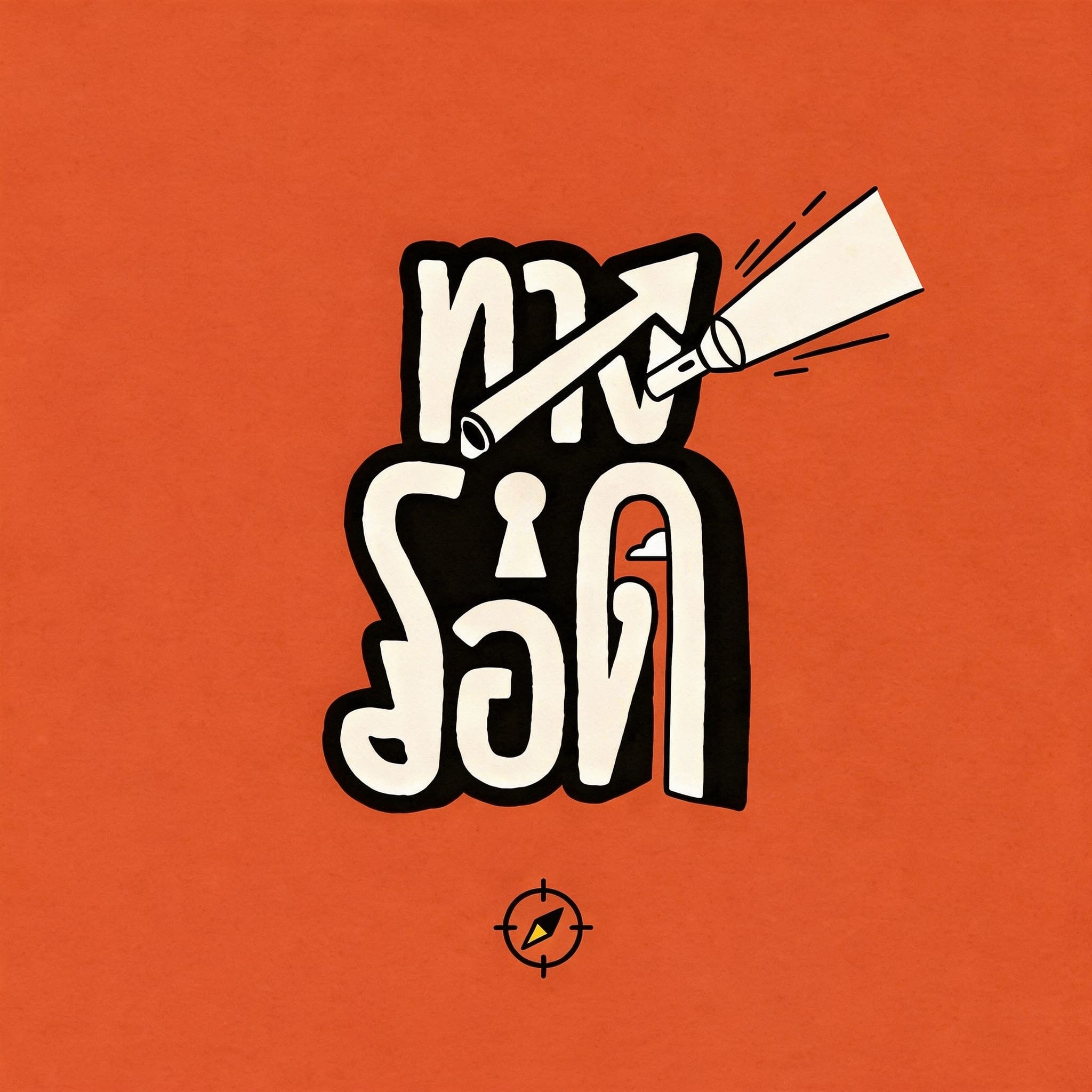 Illustration of Thai text in bold white characters on an orange background, featuring a telescope drawing. A small compass symbol is below, suggesting exploration.