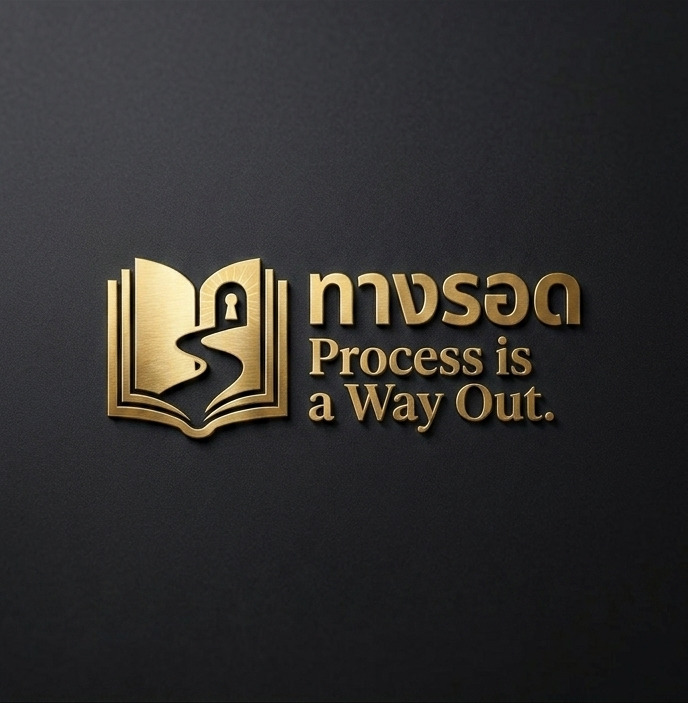 Golden text and an open book logo on a dark background, featuring a winding path leading to a keyhole. Text reads "Process is a Way Out" in English and Thai.